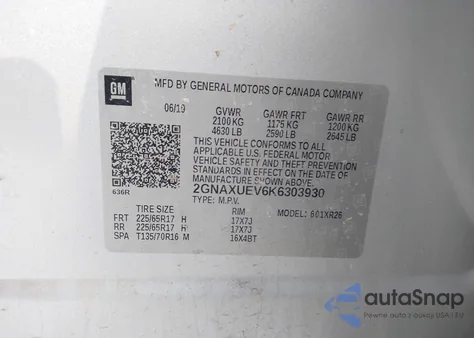 2019 Chevrolet Equinox Lt из США, поврежденный, VIN 2GNAXUEV6K6303930